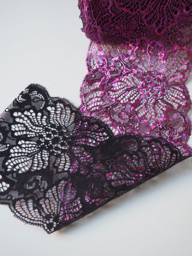 Bright Pink Foliage Foiled Scallop Lace Trim 12cm