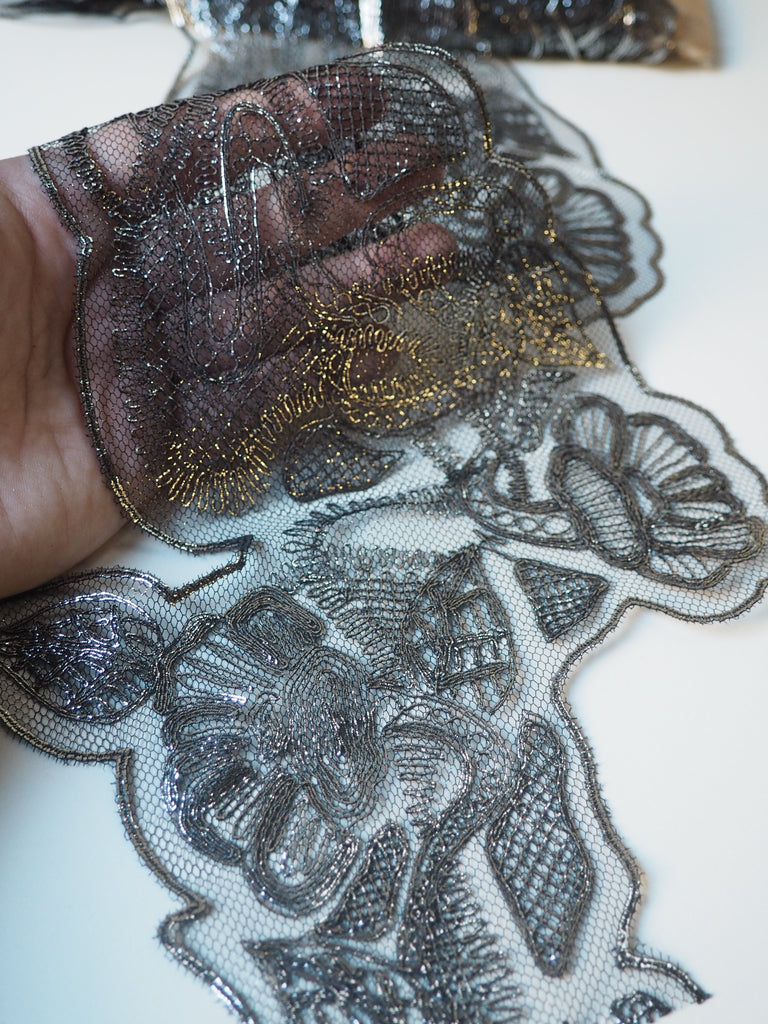 Gunmetal Foiled Leaf + Bud Abstract Lace Trim