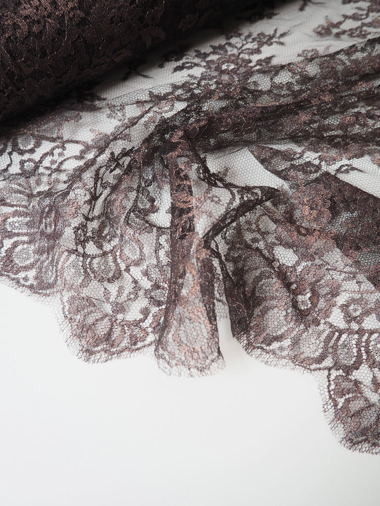 Brown Floral Scallop Lurex Lace