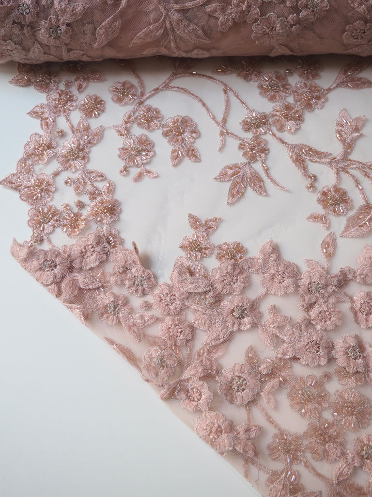 Soft Pink Lurex Beaded Embroidered Floral Tulle