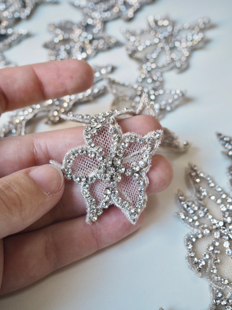Hand Beaded Medium Silver Outline Floral Crystal Appliqué