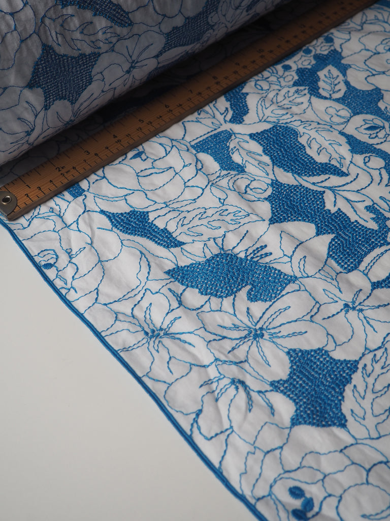 Blue Floral Embroidered Cotton Voile