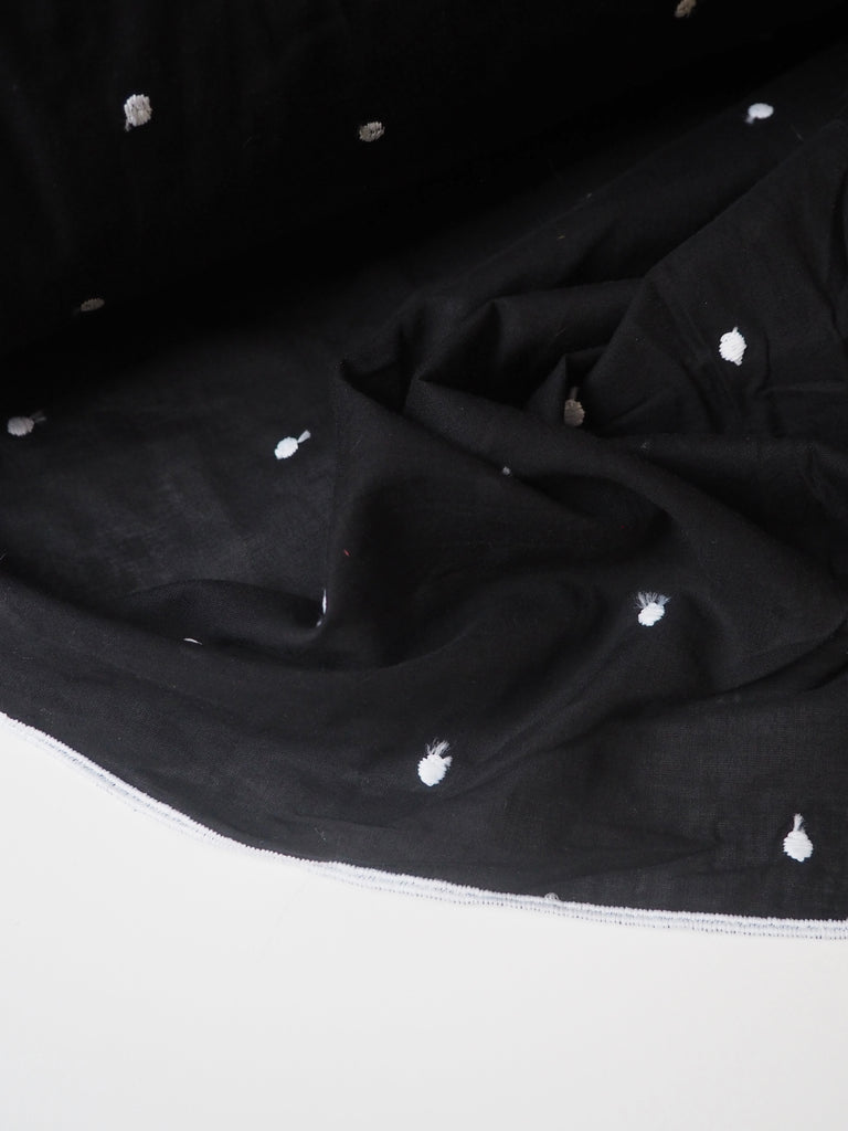 Black Embroidered Polka Dot Cotton Voile