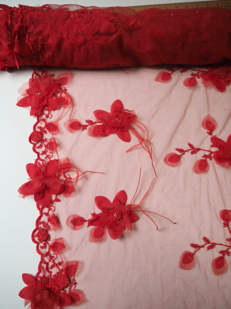 Red Floral Garland Ostrich Feather Applique Tulle