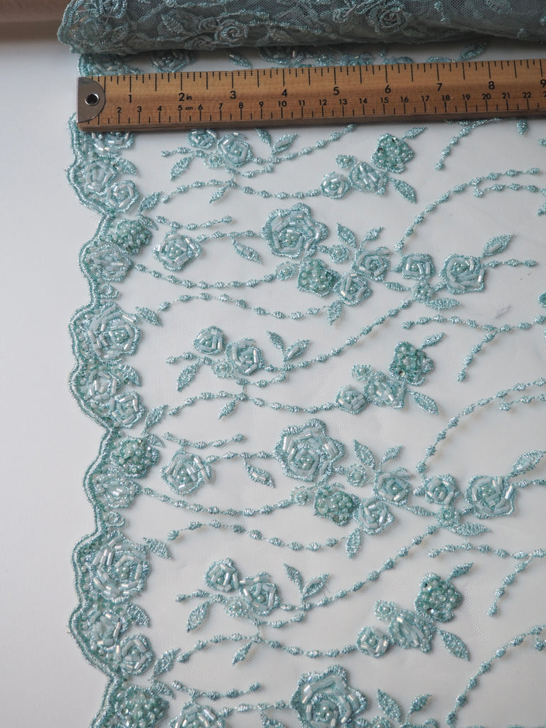 Turquoise Rosette Beaded Embroidered Scallop Tulle