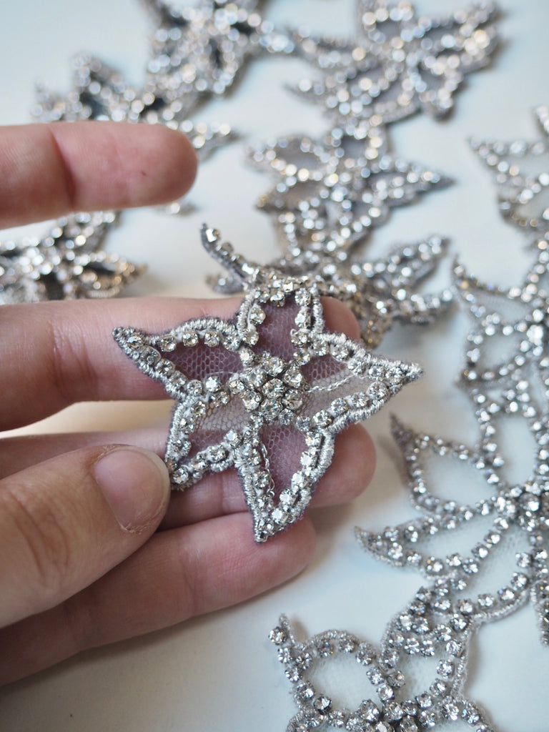 Hand Beaded Medium Silver Outline Floral Crystal Appliqué