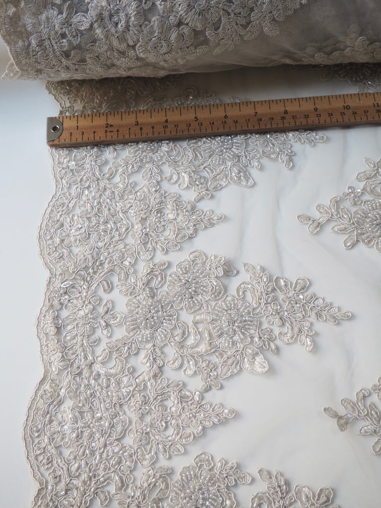 Oyster Beaded Floral Corded Lace Tulle