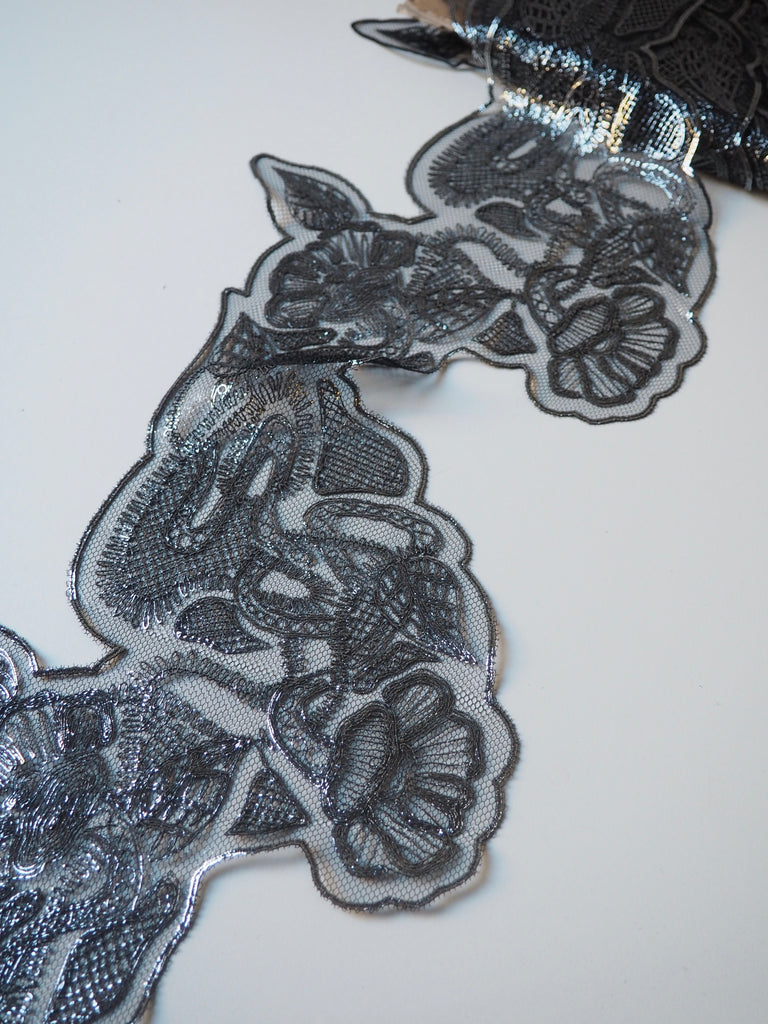 Gunmetal Foiled Leaf + Bud Abstract Lace Trim