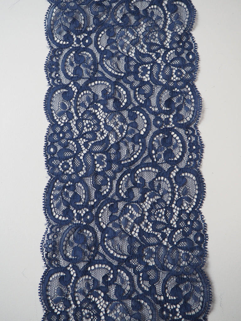 Navy Foliage Scallop Lace Trim 13cm