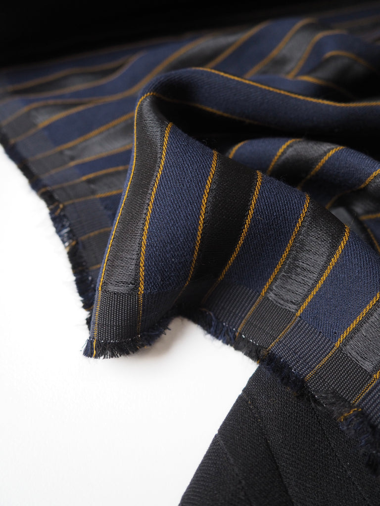 Navy, Black + Gold Stripe Viscose Twill