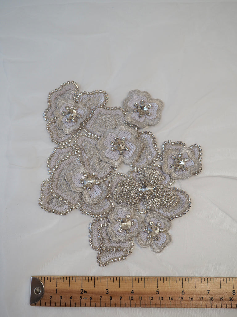 Hand Beaded Platinum Crystal 3D Floral Motif