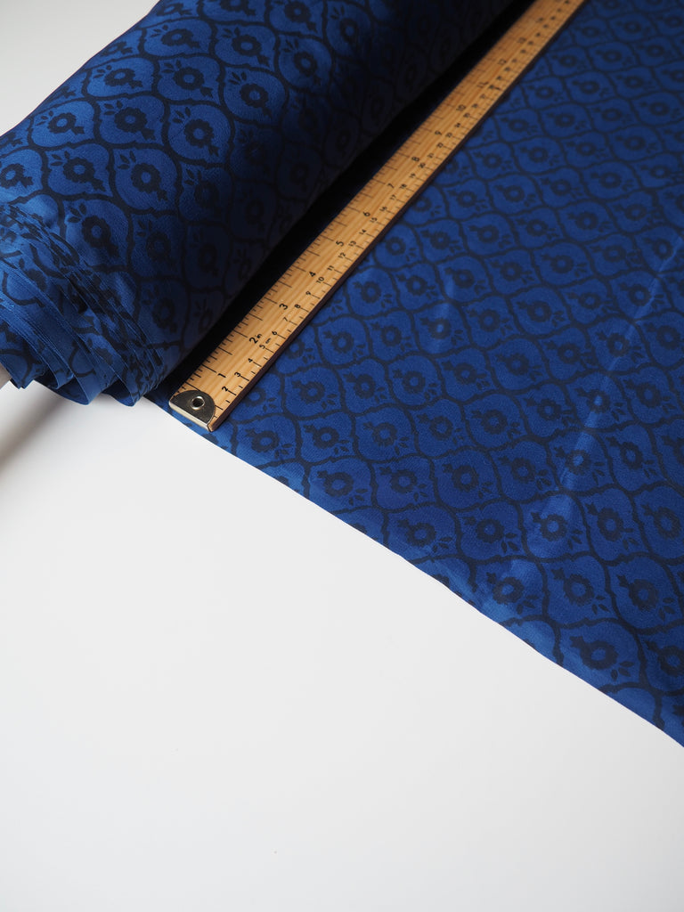 Indigo Geometric Block Print Silk Crepe De Chine