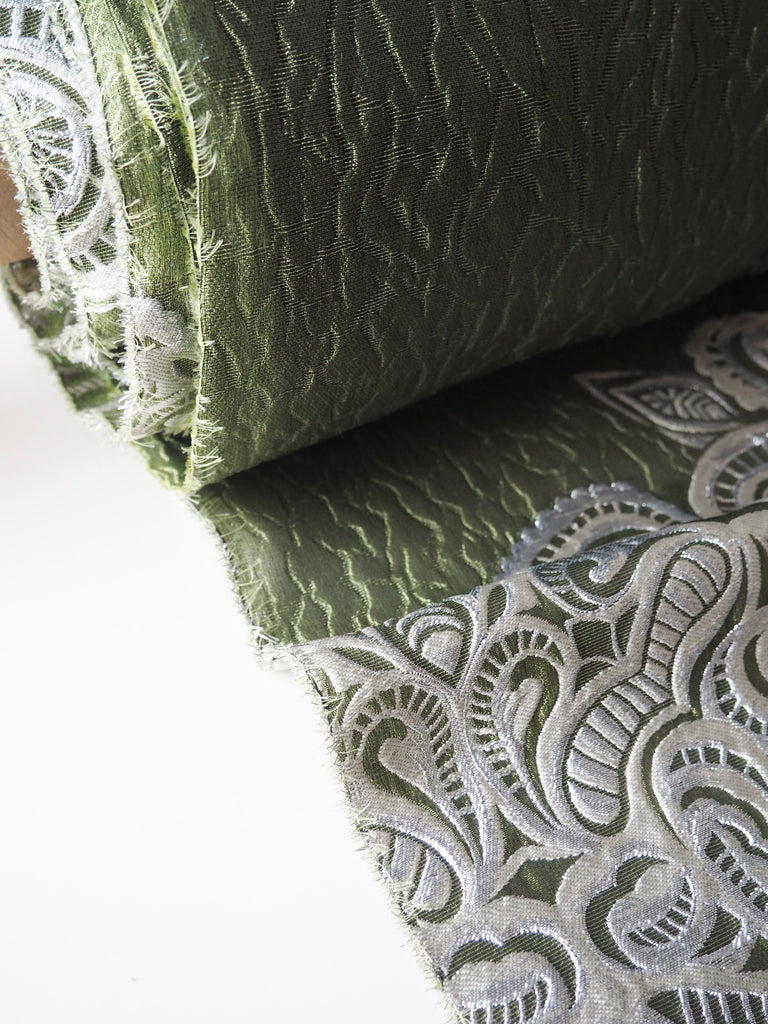 Sage + Silver Paisley Silk Organza Cloqué