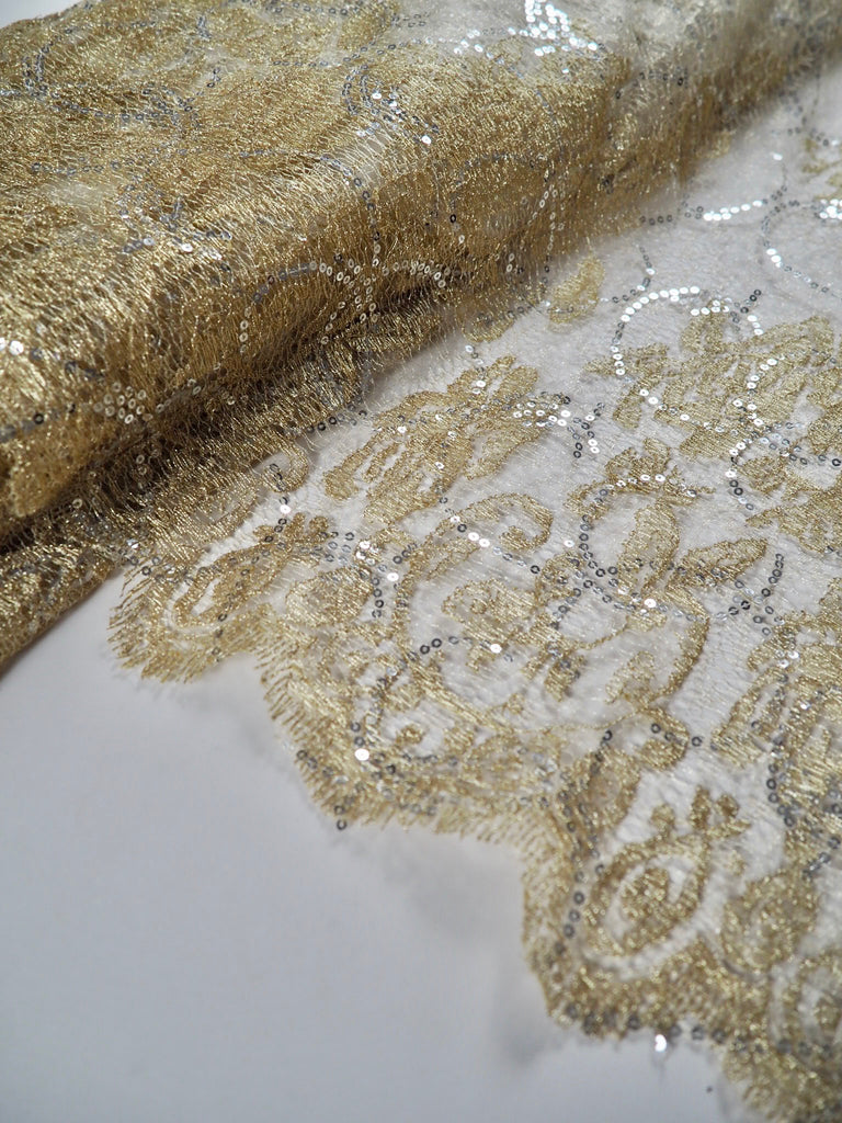 Fortuna Gold Sequinned Scallop Lace