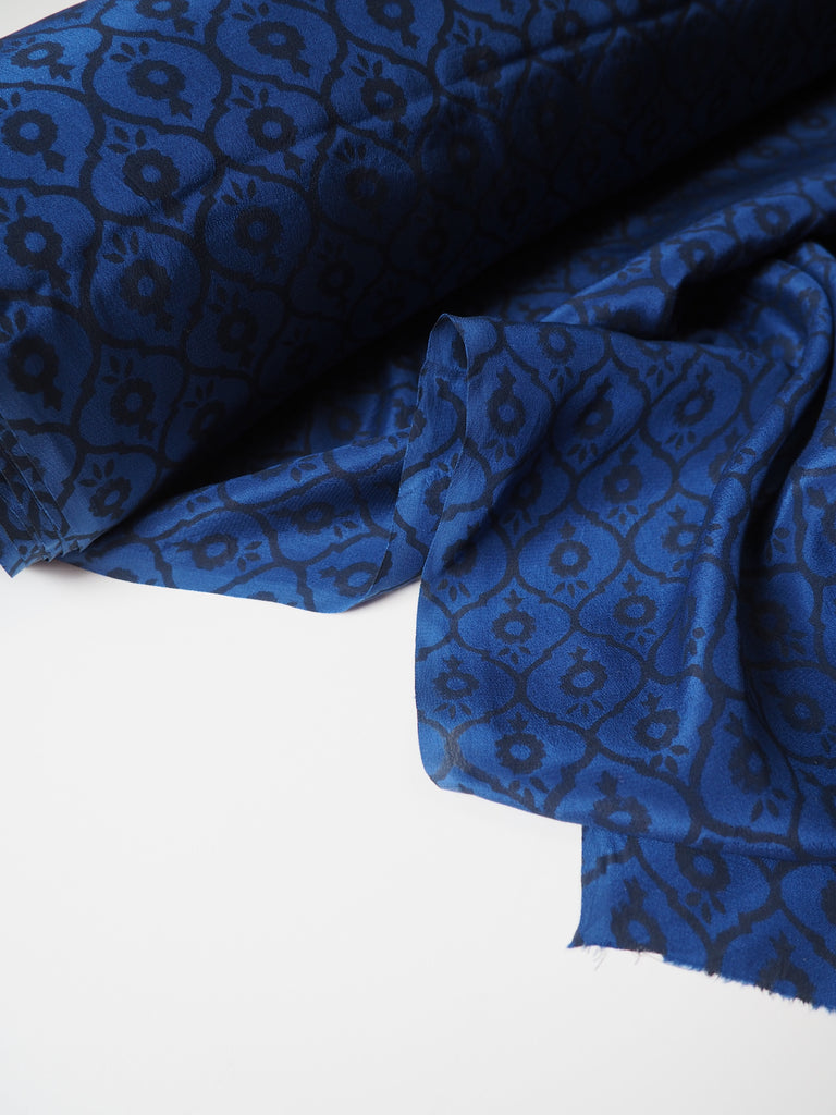 Indigo Geometric Block Print Silk Crepe De Chine