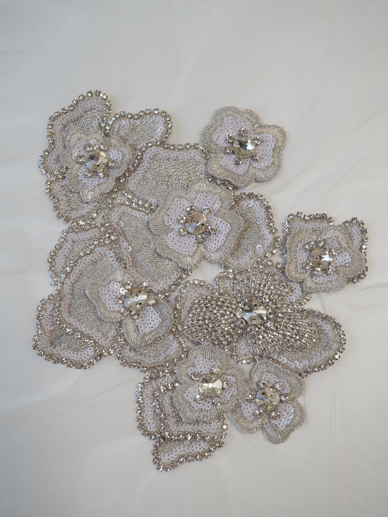 Hand Beaded Platinum Crystal 3D Floral Motif