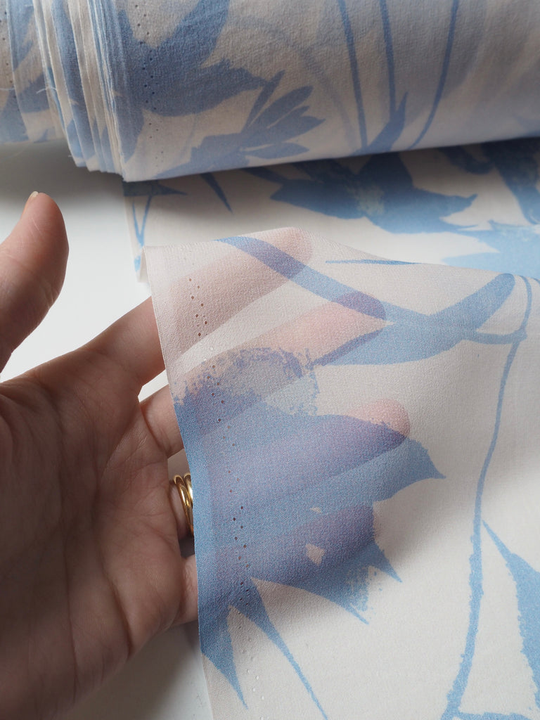 Cornflower Shadow Leaf Silk Chiffon