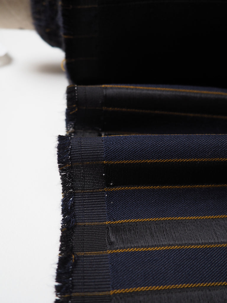 Navy, Black + Gold Stripe Viscose Twill