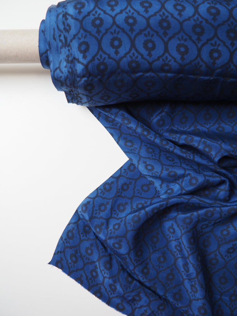 Indigo Geometric Block Print Silk Crepe De Chine