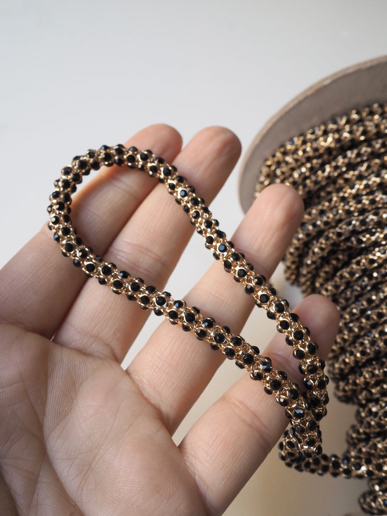 Black + Gold Crystal Tube Chain Trim - 7mm