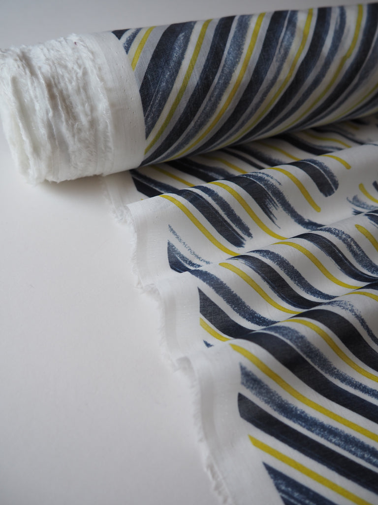 Navy and Yellow Bias Brushstroke Cotton Voile