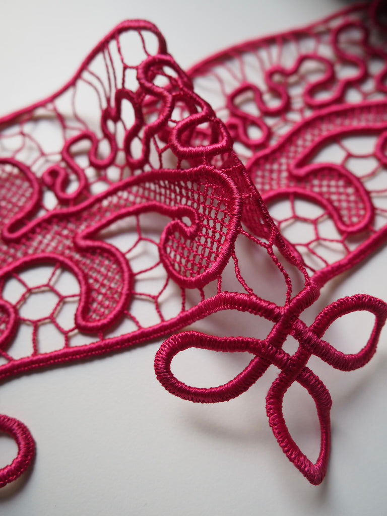 Fuchsia Satin Guipure Lace Border Trim 9cm