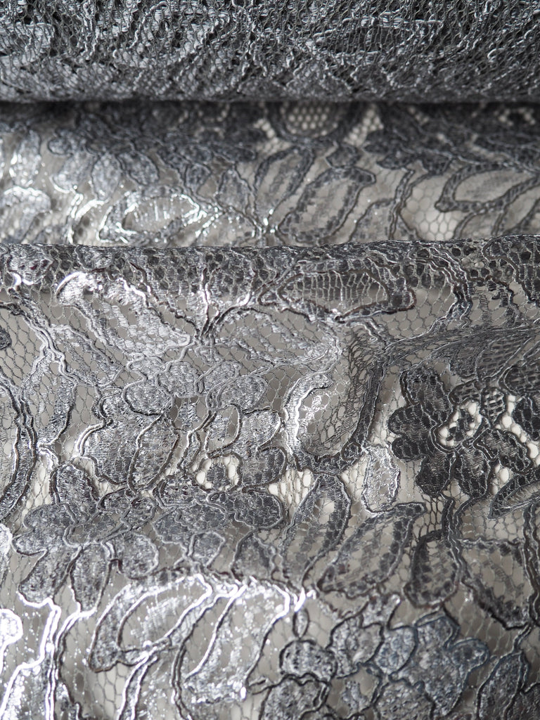 Metallic Silver Cotton Floral Lace