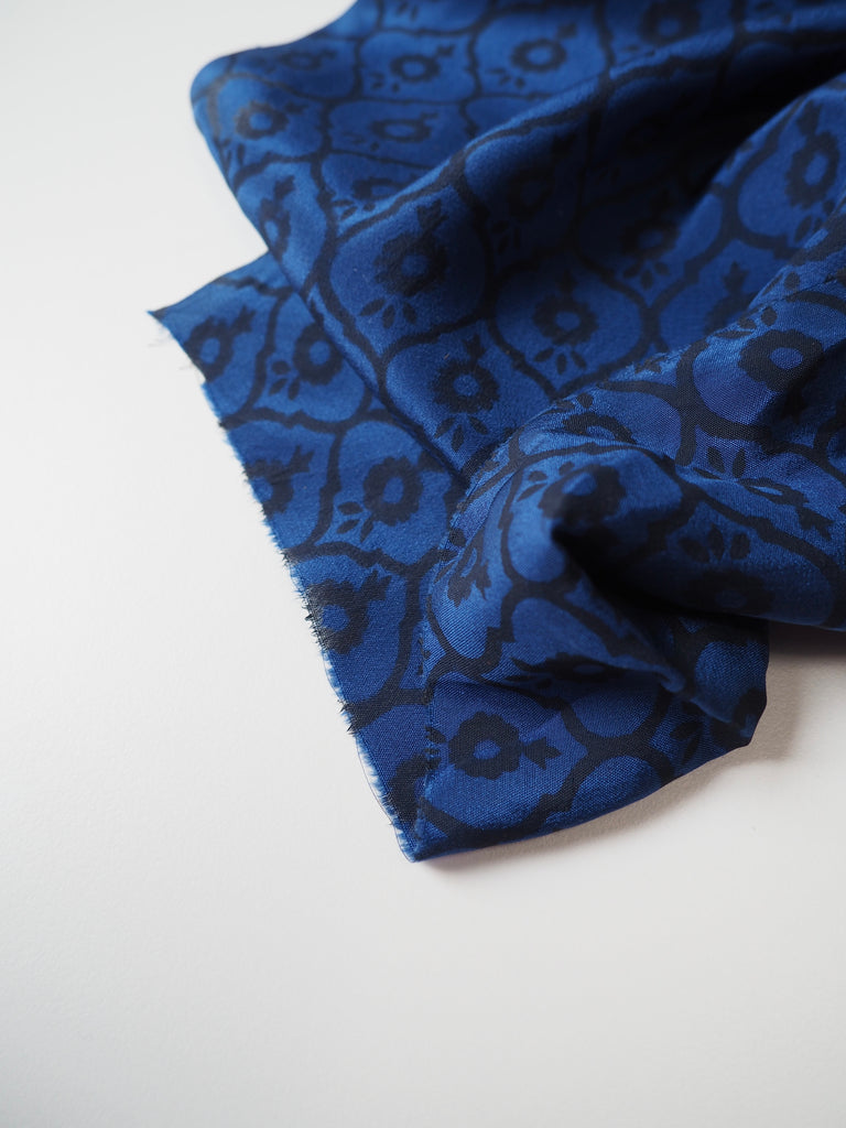 Indigo Geometric Block Print Silk Crepe De Chine