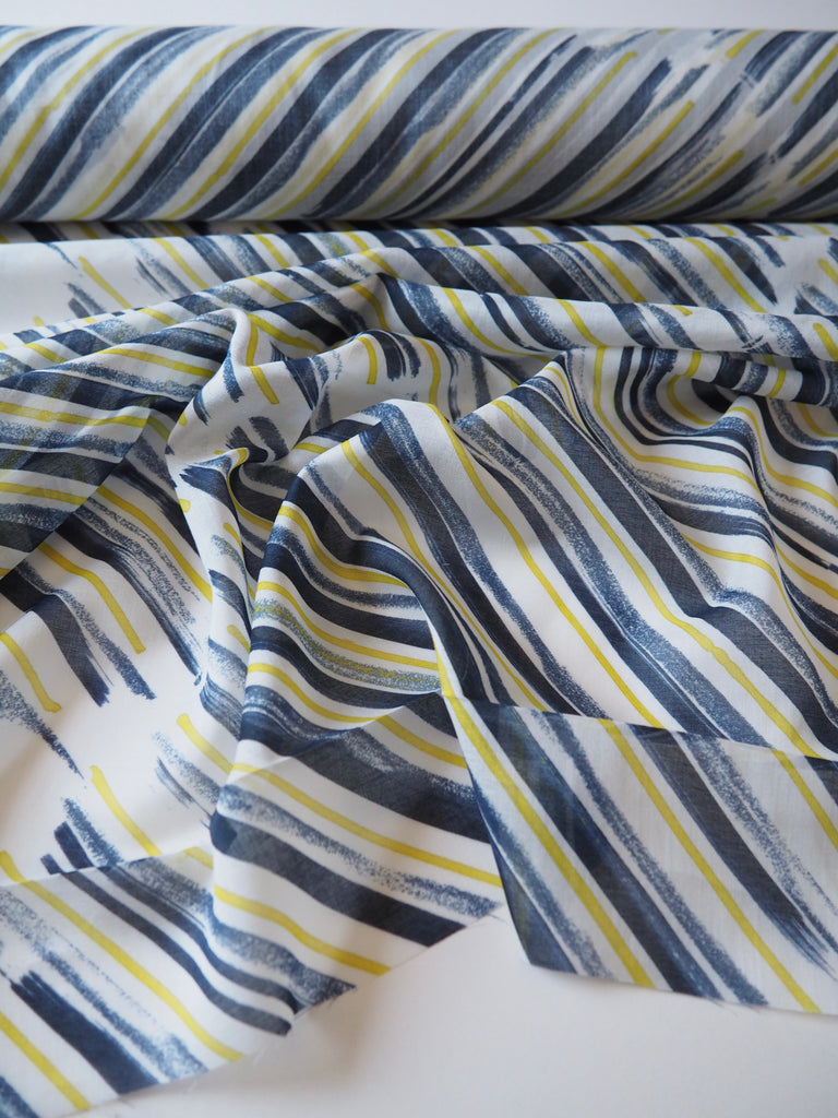 Navy and Yellow Bias Brushstroke Cotton Voile