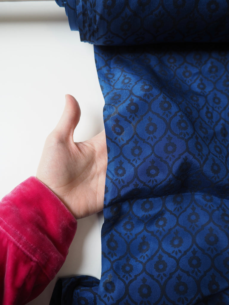 Indigo Geometric Block Print Silk Crepe De Chine