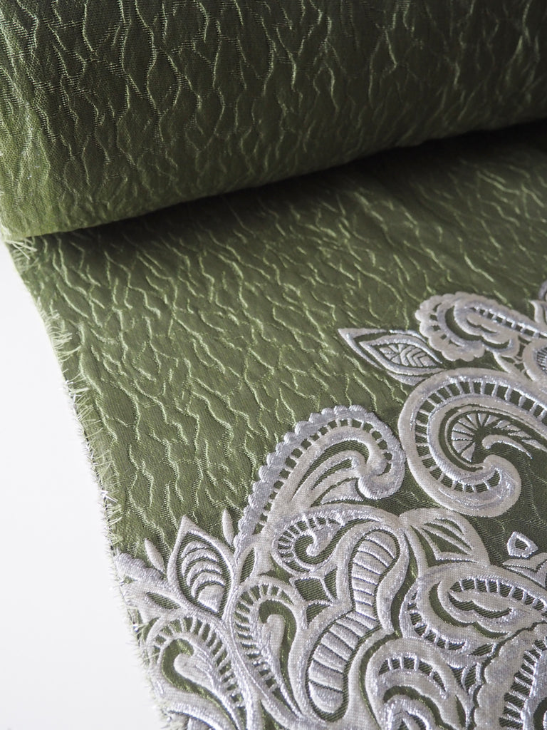 Sage + Silver Paisley Silk Organza Cloqué