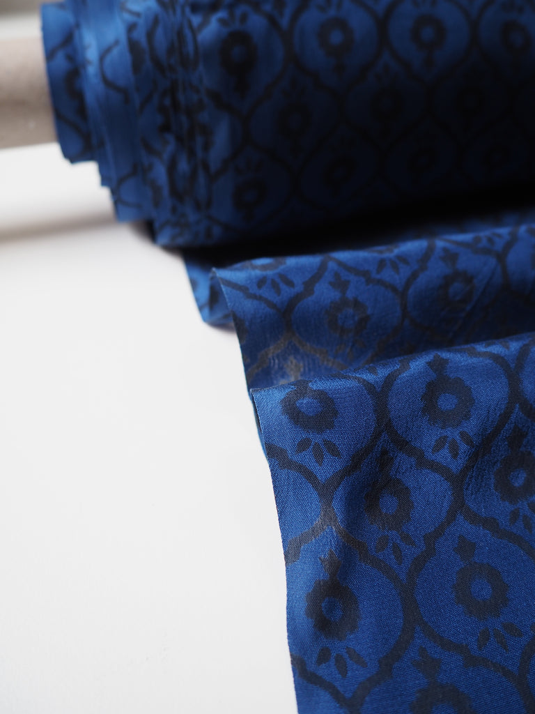 Indigo Geometric Block Print Silk Crepe De Chine