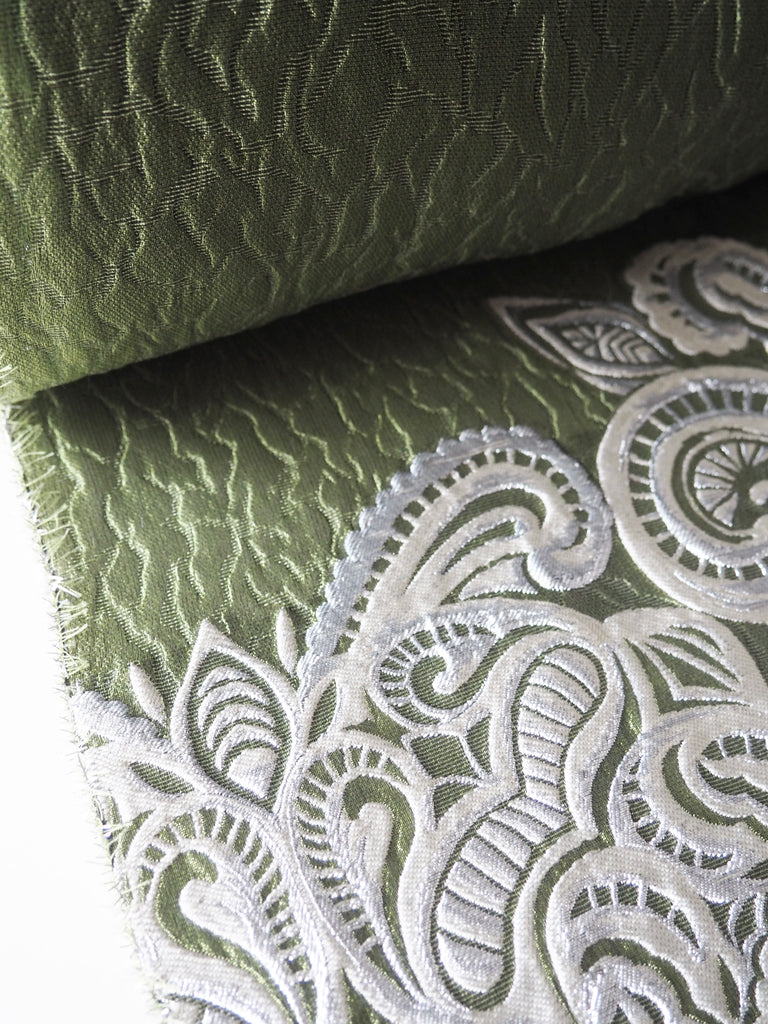 Sage + Silver Paisley Silk Organza Cloqué