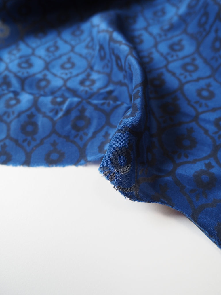 Indigo Geometric Block Print Silk Crepe De Chine