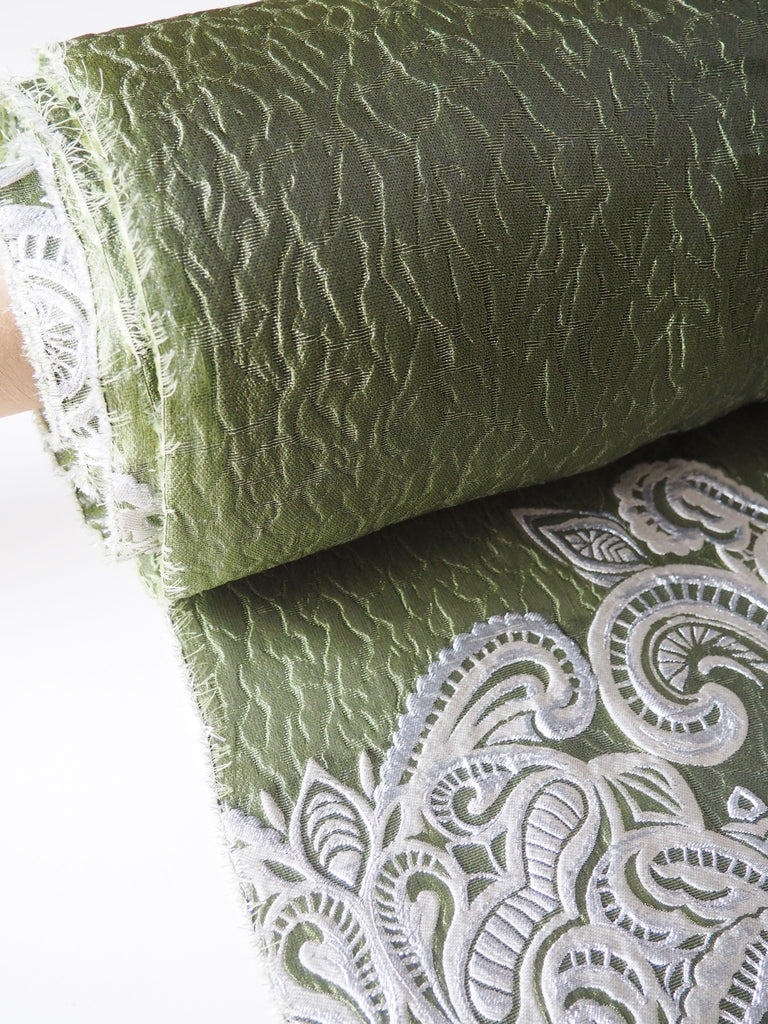 Sage + Silver Paisley Silk Organza Cloqué