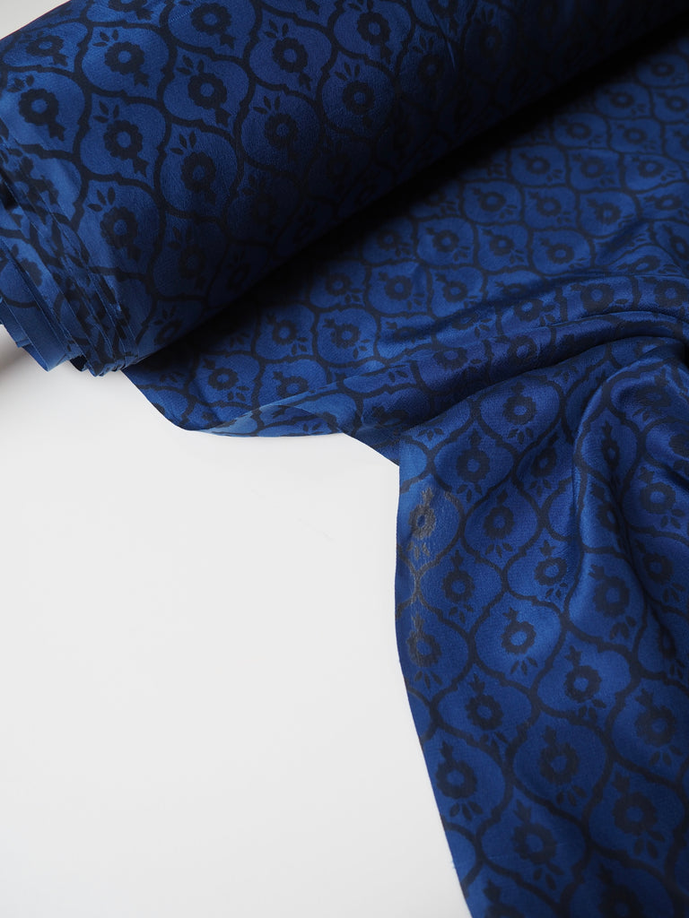 Indigo Geometric Block Print Silk Crepe De Chine