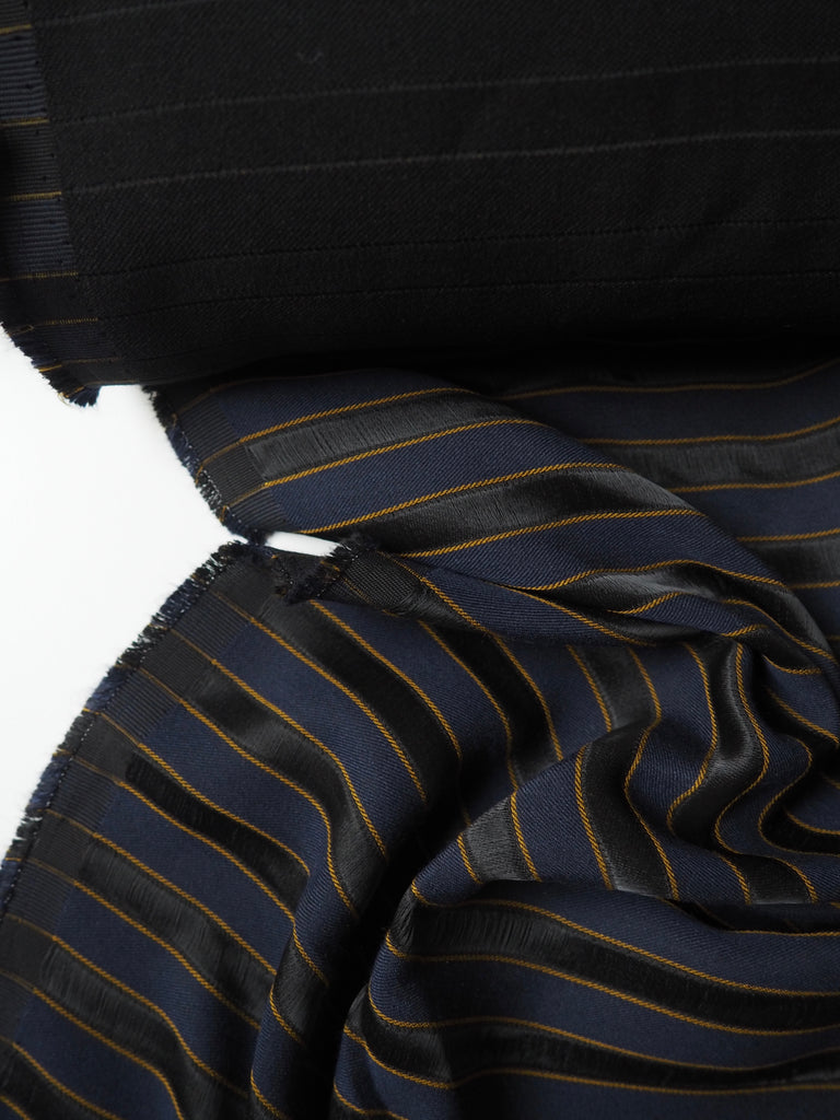 Navy, Black + Gold Stripe Viscose Twill