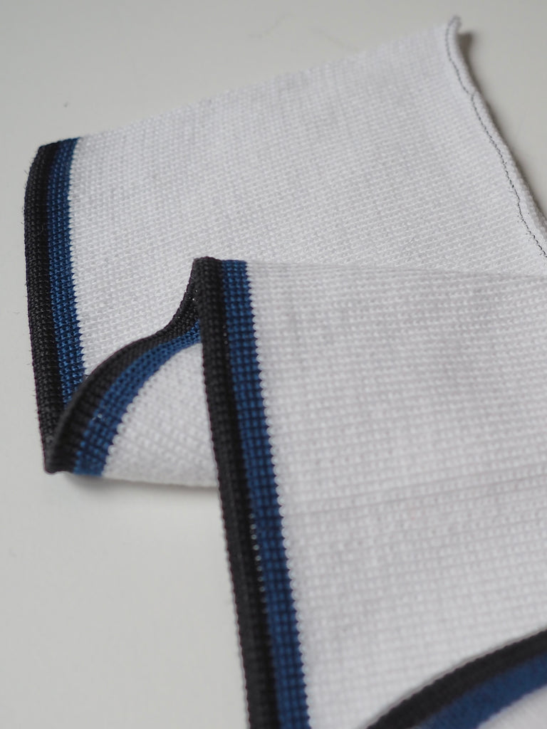 White with Navy + Black Stripe Ribbed Polo Collar 5cm