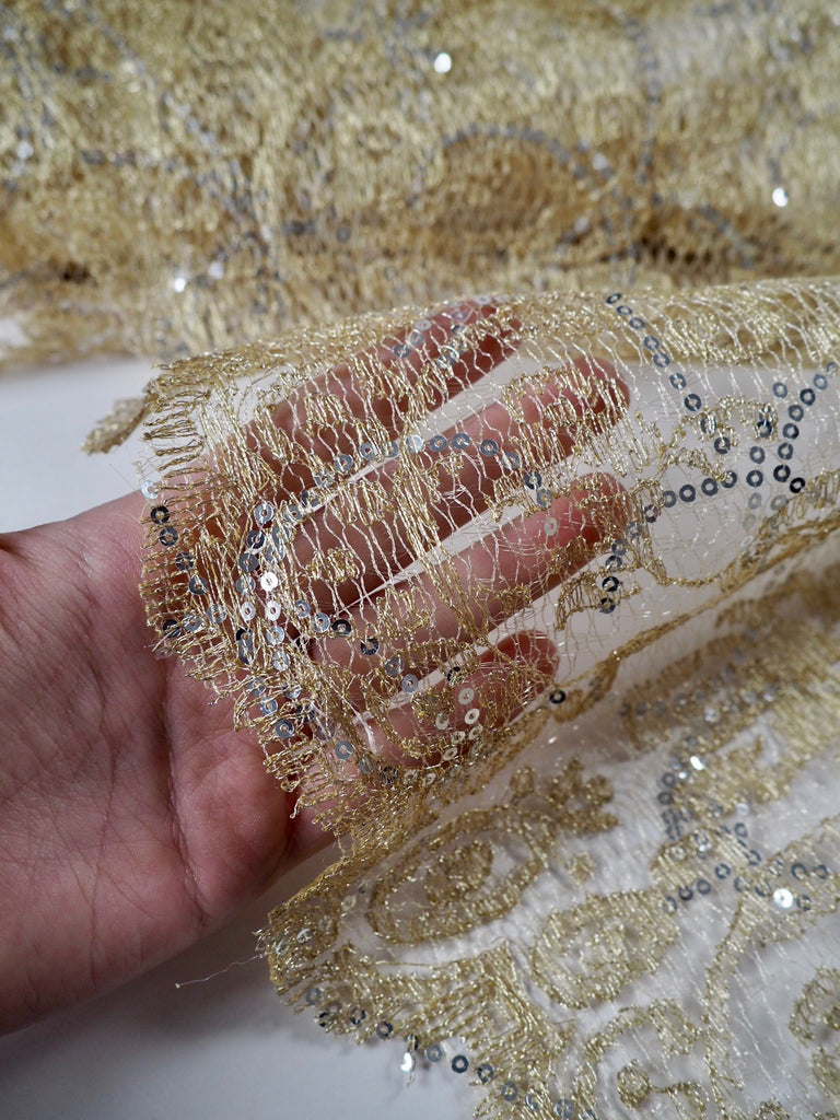 Fortuna Gold Sequinned Scallop Lace